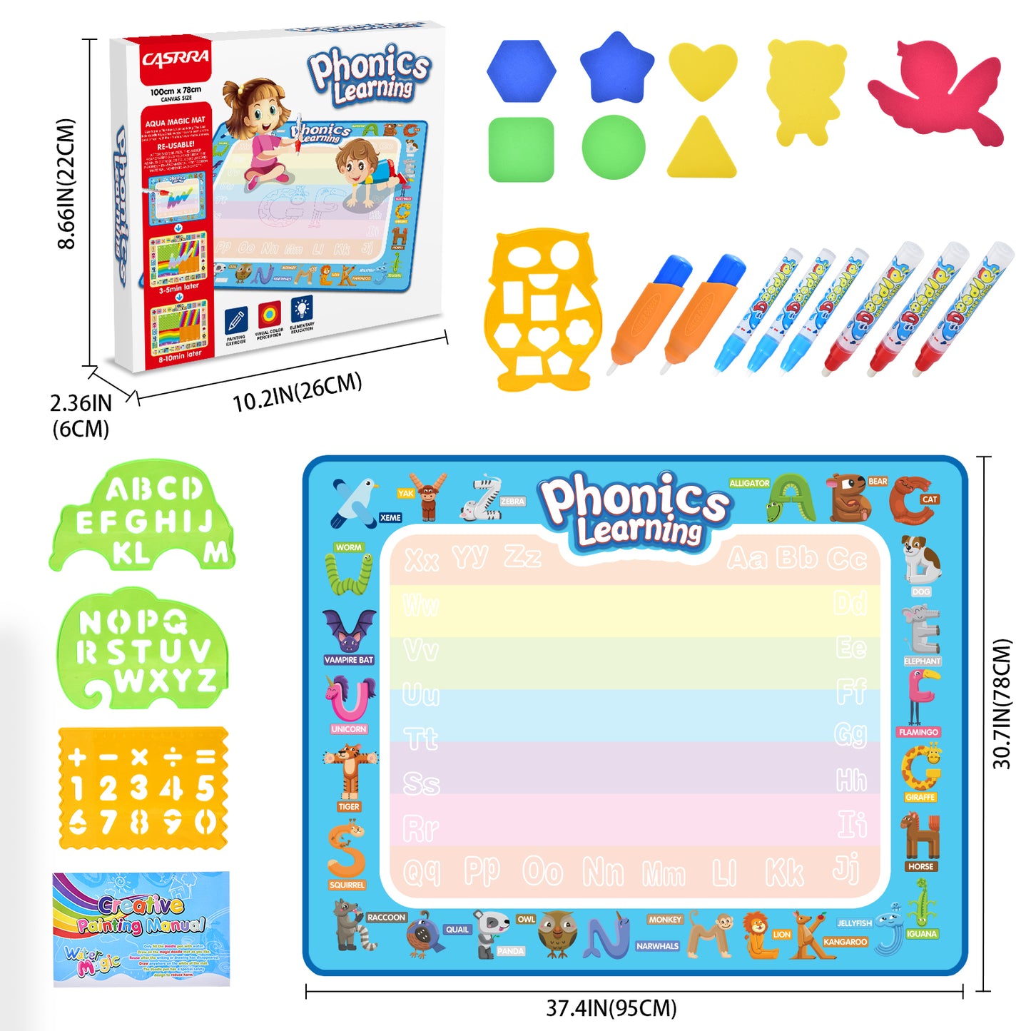 Casrra Aqua Doodle Mat for Kids Mess-Free Water Drawing Mat with Magic Accessories Perfect Birthday Toy for Toddlers Ages 3-5 Year Old Girls and Boys