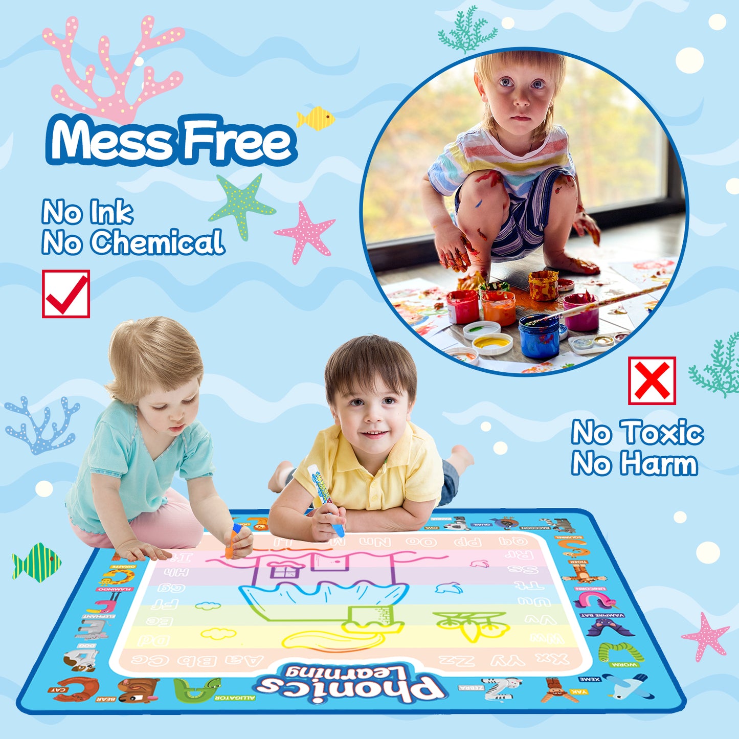 Casrra Aqua Doodle Mat for Kids Mess-Free Water Drawing Mat with Magic Accessories Perfect Birthday Toy for Toddlers Ages 3-5 Year Old Girls and Boys