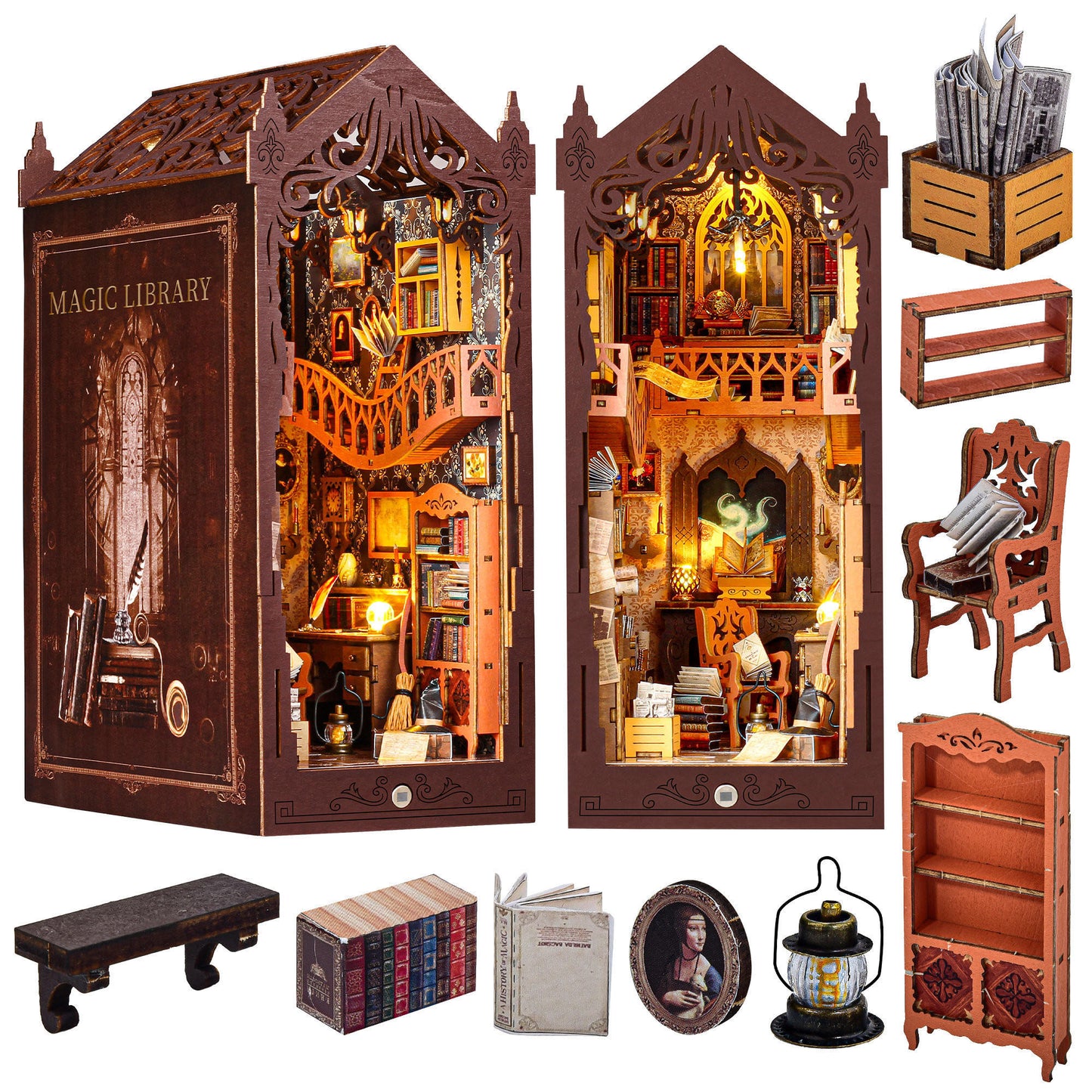Casrra Book Nook Kit DIY Doll House Booknook, Book Nook Miniature Kit for Bookshelf Doll Houses for Adults & Teens, 3D Wooden Puzzle Bookends, Magic Library Books—the Perfect Home Decoration and Gift