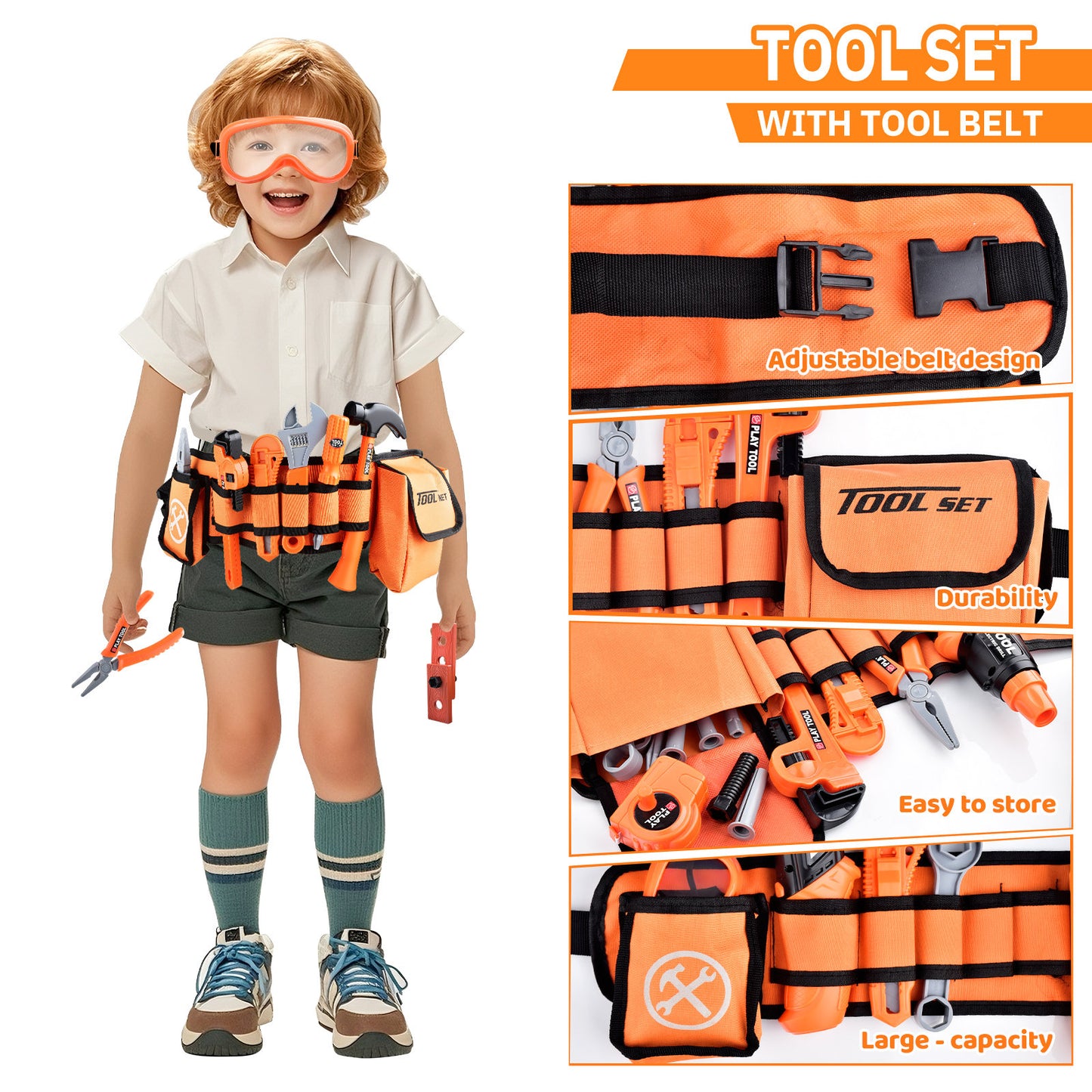 Casrra 33PCS Orange Kids Tool Kit Set & Child Size Tool Belt. Real Kit for DIY Building, Woodwork & Construction Learning for Kids