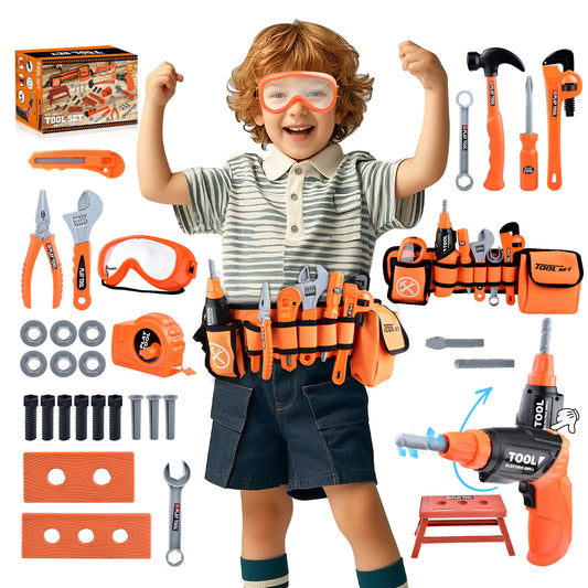 Casrra 33PCS Orange Kids Tool Kit Set & Child Size Tool Belt. Real Kit for DIY Building, Woodwork & Construction Learning for Kids