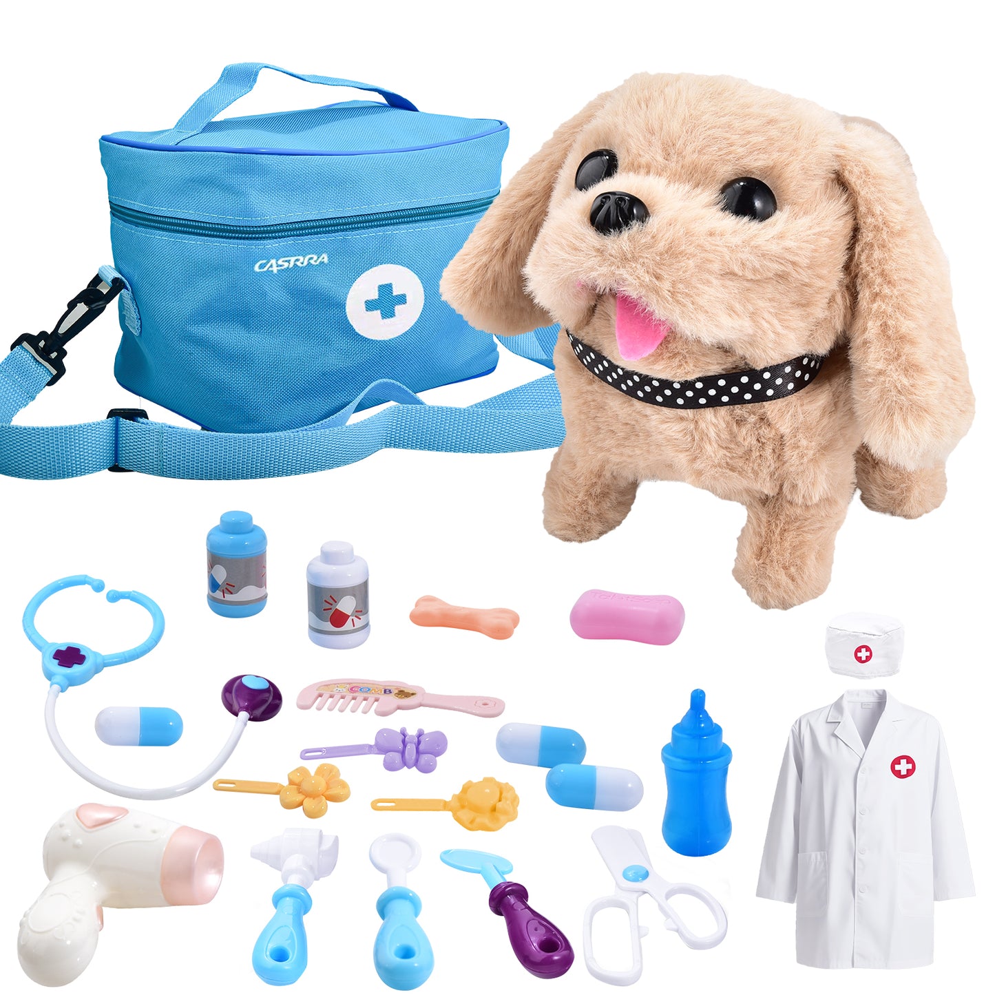 Casrra Doctor Kit for Toddlers Pet Medical Toy Set Interactive Plush Dog, Veterinary Tools, Fun of Role-playing, Blue ABS Material Toys