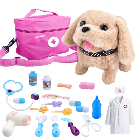 Casrra Interactive Electronic Stuffed Dog Toy Doctor Kit for Kids Pink Shoulder Bag Safe & Educational Ages 3-9 Doctor Kit for Toddlers ABS Material Toys