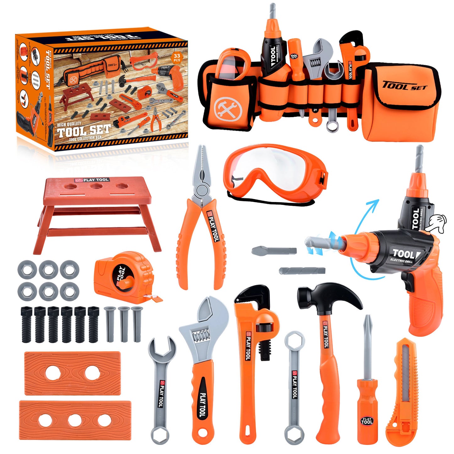 Casrra 33PCS Orange Kids Tool Kit Set & Child Size Tool Belt. Real Kit for DIY Building, Woodwork & Construction Learning for Kids