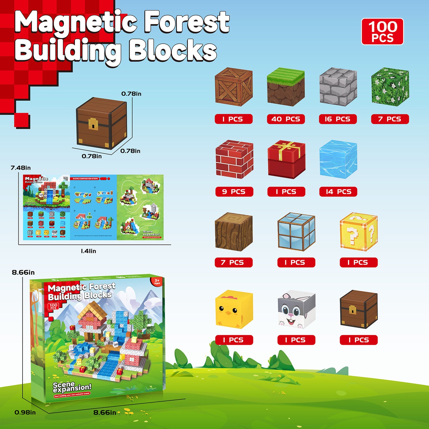 Casrra Magnetic Blocks Cube Game - 100PCS Kids Forest Magnetic Building Blocks STEM Montessori Stacking Toy, Gift for Boys and Girls Ages 3+