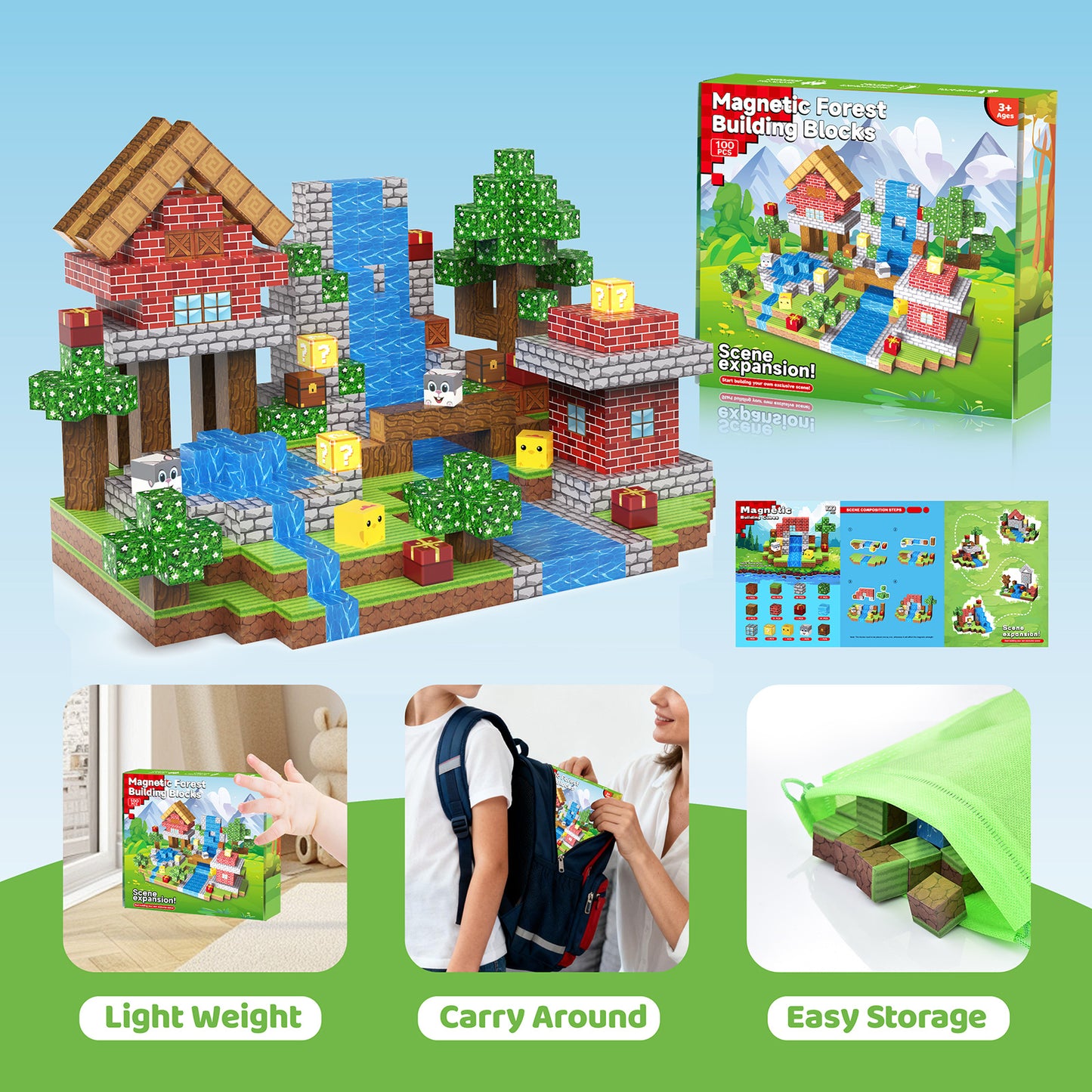 Casrra Magnetic Blocks Cube Game - 100PCS Kids Forest Magnetic Building Blocks STEM Montessori Stacking Toy, Gift for Boys and Girls Ages 3+