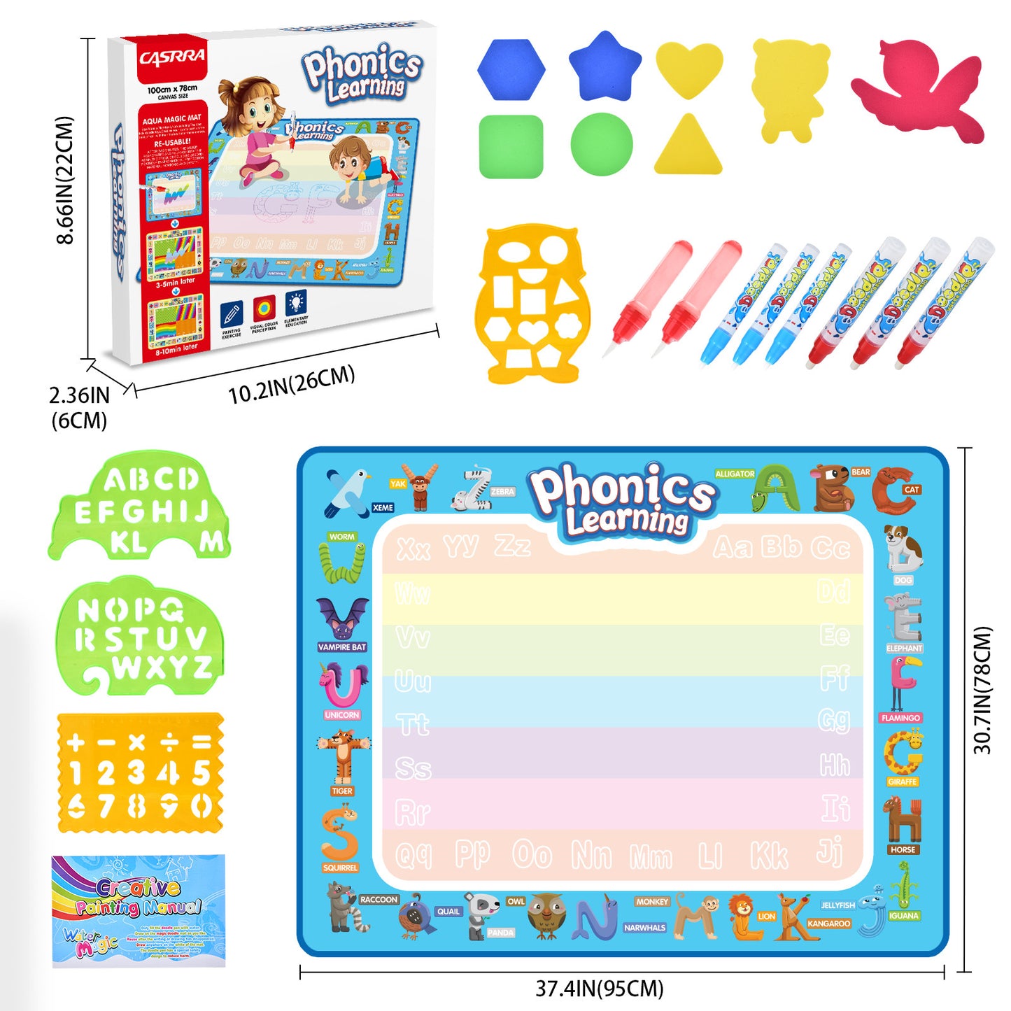 Casrra Water Doodle Mat Large Doodle Drawing Mat for Kids, 23pcs Water Painting Sensory Learning Educational Toys for Toddlers 3-6