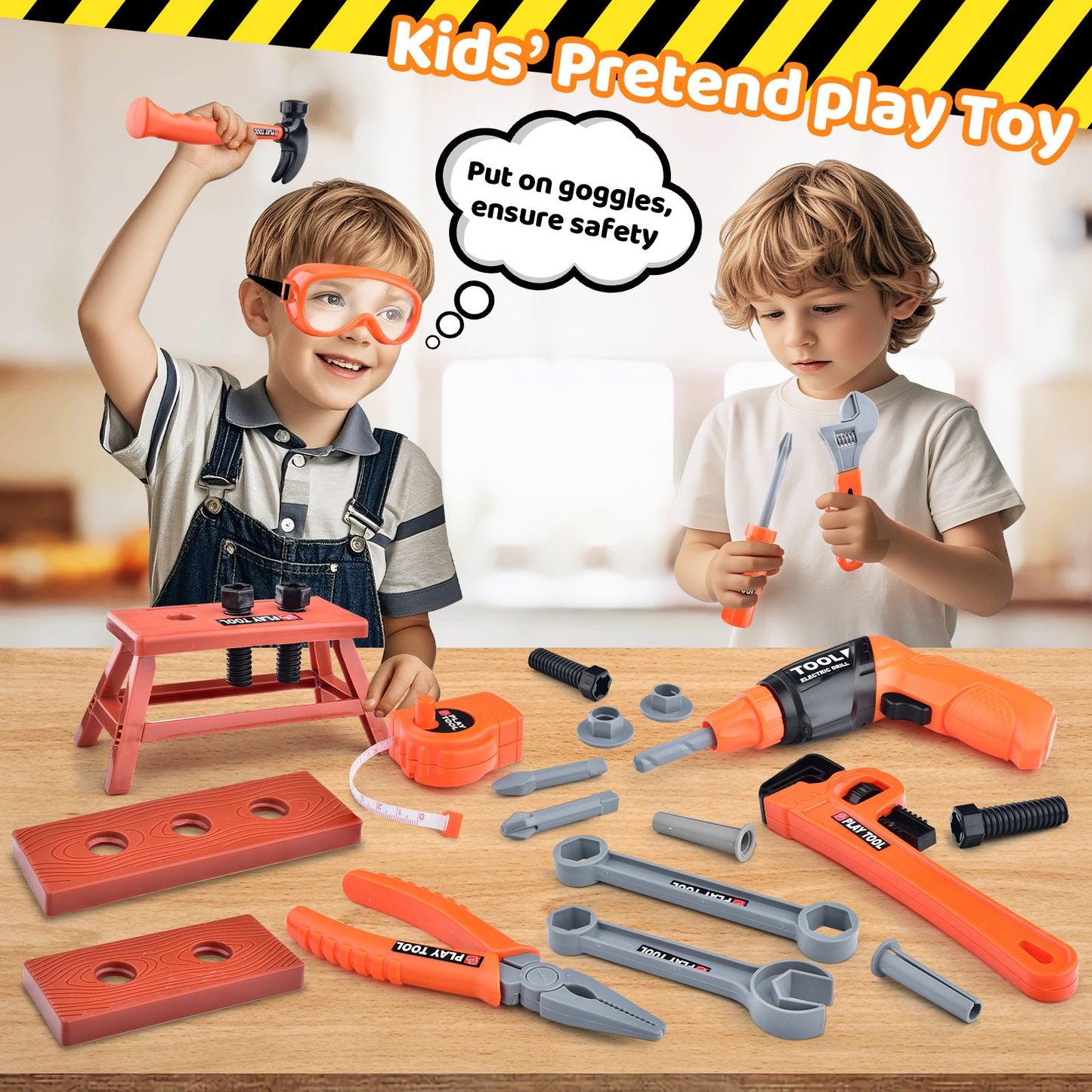 Casrra 33PCS Orange Kids Tool Kit Set & Child Size Tool Belt. Real Kit for DIY Building, Woodwork & Construction Learning for Kids