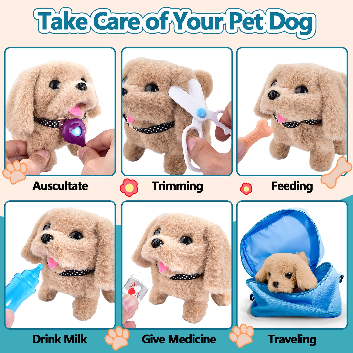 Casrra Doctor Kit for Toddlers Pet Medical Toy Set Interactive Plush Dog, Veterinary Tools, Fun of Role-playing, Blue ABS Material Toys
