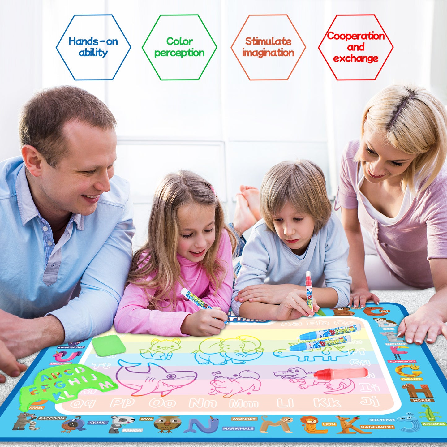 Casrra Water Doodle Mat Large Doodle Drawing Mat for Kids, 23pcs Water Painting Sensory Learning Educational Toys for Toddlers 3-6
