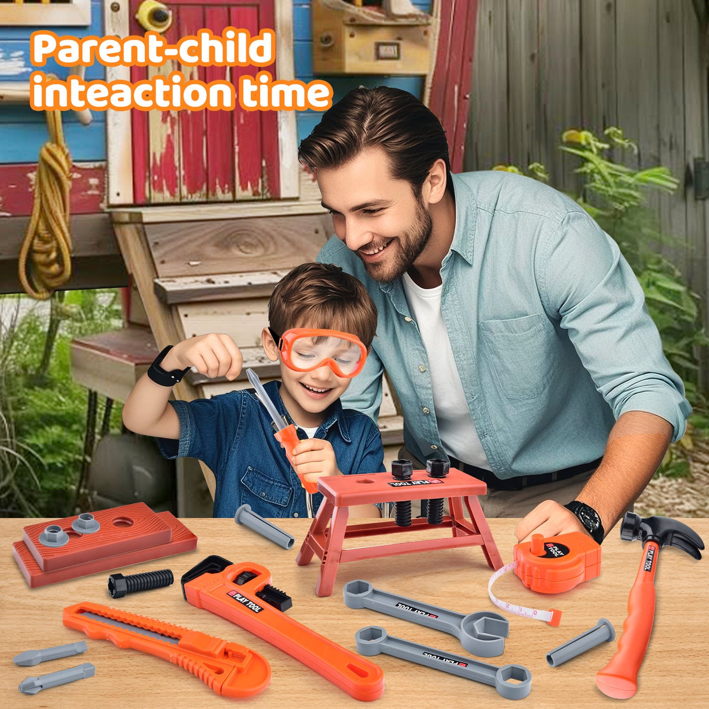 Casrra 33PCS Orange Kids Tool Kit Set & Child Size Tool Belt. Real Kit for DIY Building, Woodwork & Construction Learning for Kids