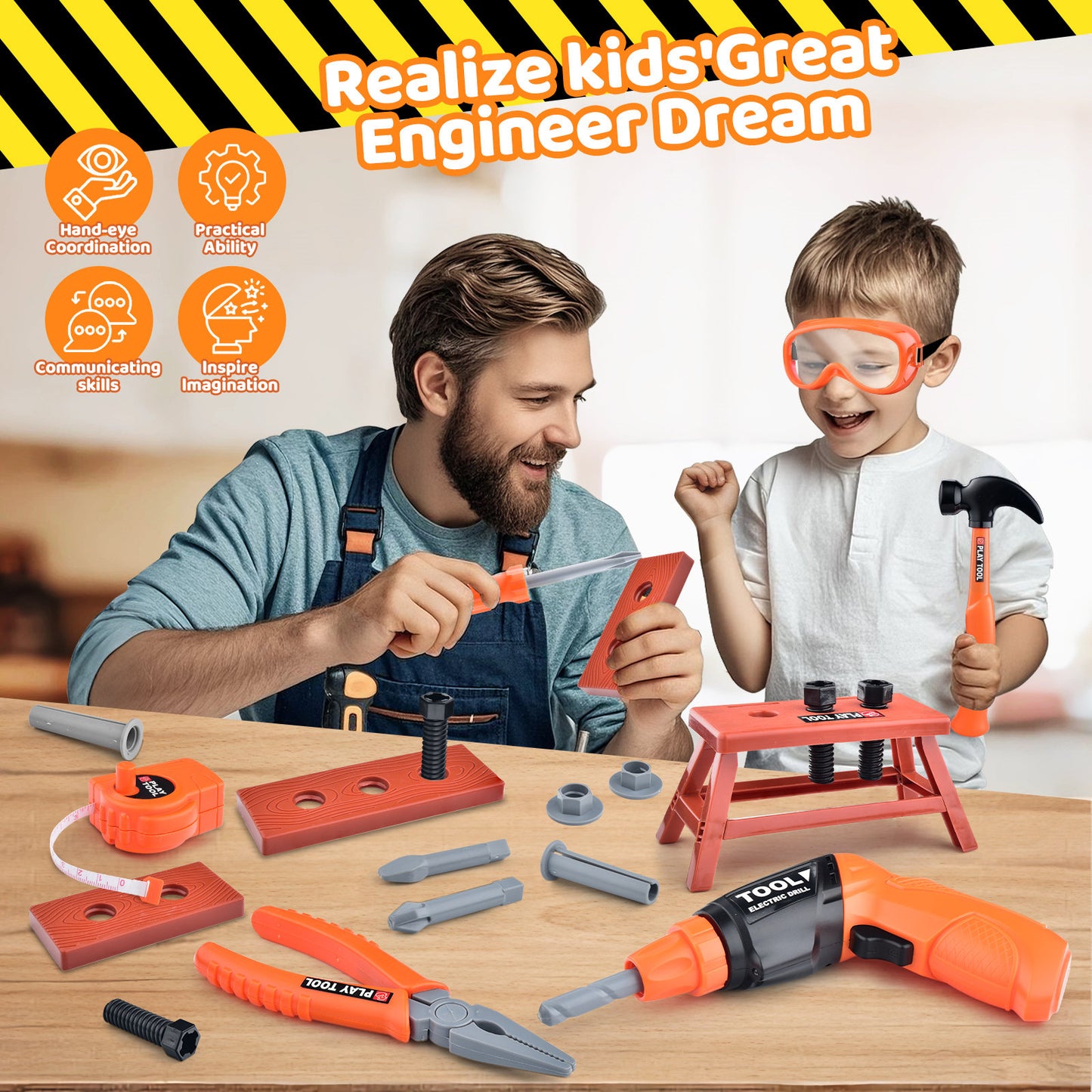 Casrra 33PCS Orange Kids Tool Kit Set & Child Size Tool Belt. Real Kit for DIY Building, Woodwork & Construction Learning for Kids