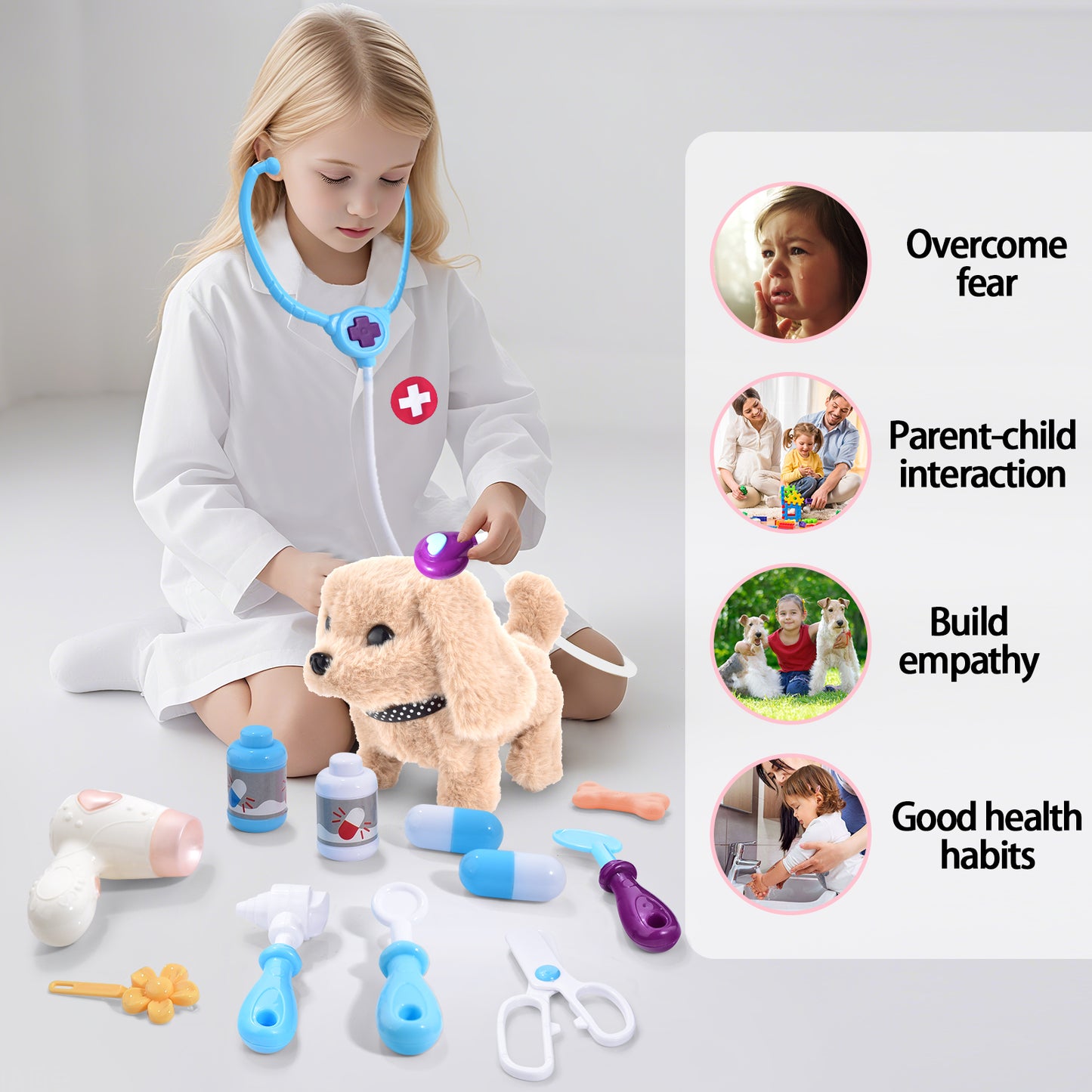 Casrra Doctor Kit for Toddlers Pet Medical Toy Set Interactive Plush Dog, Veterinary Tools, Fun of Role-playing, Blue ABS Material Toys
