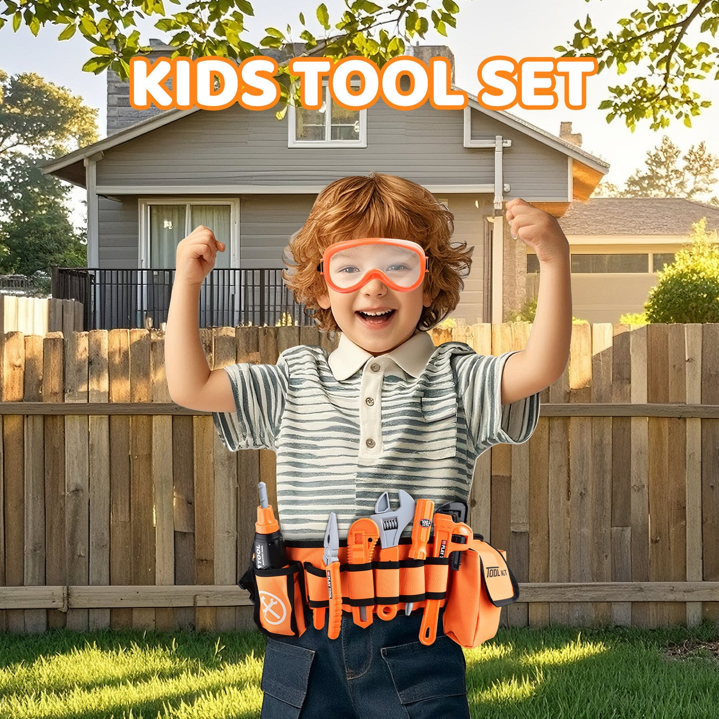 Casrra 33PCS Orange Kids Tool Kit Set & Child Size Tool Belt. Real Kit for DIY Building, Woodwork & Construction Learning for Kids