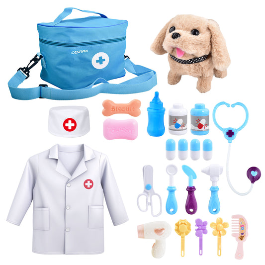 Casrra Doctor Kit for Toddlers Pet Medical Toy Set Interactive Plush Dog, Veterinary Tools, Fun of Role-playing, Blue ABS Material Toys