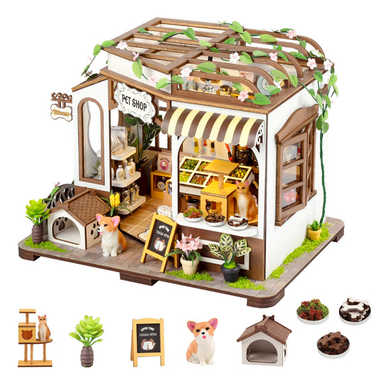Casrra 3D Wooden Puzzle Mini Pet Shop DIY Miniature House Kit – Tiny Home with Furniture, STEM Craft for Adults & Kids 14+