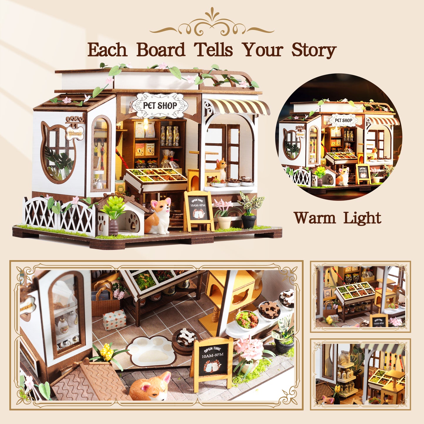 Casrra 3D Wooden Puzzle Mini Pet Shop DIY Miniature House Kit – Tiny Home with Furniture, STEM Craft for Adults & Kids 14+