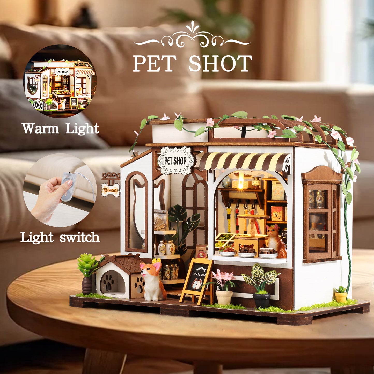 Casrra 3D Wooden Puzzle Mini Pet Shop DIY Miniature House Kit – Tiny Home with Furniture, STEM Craft for Adults & Kids 14+