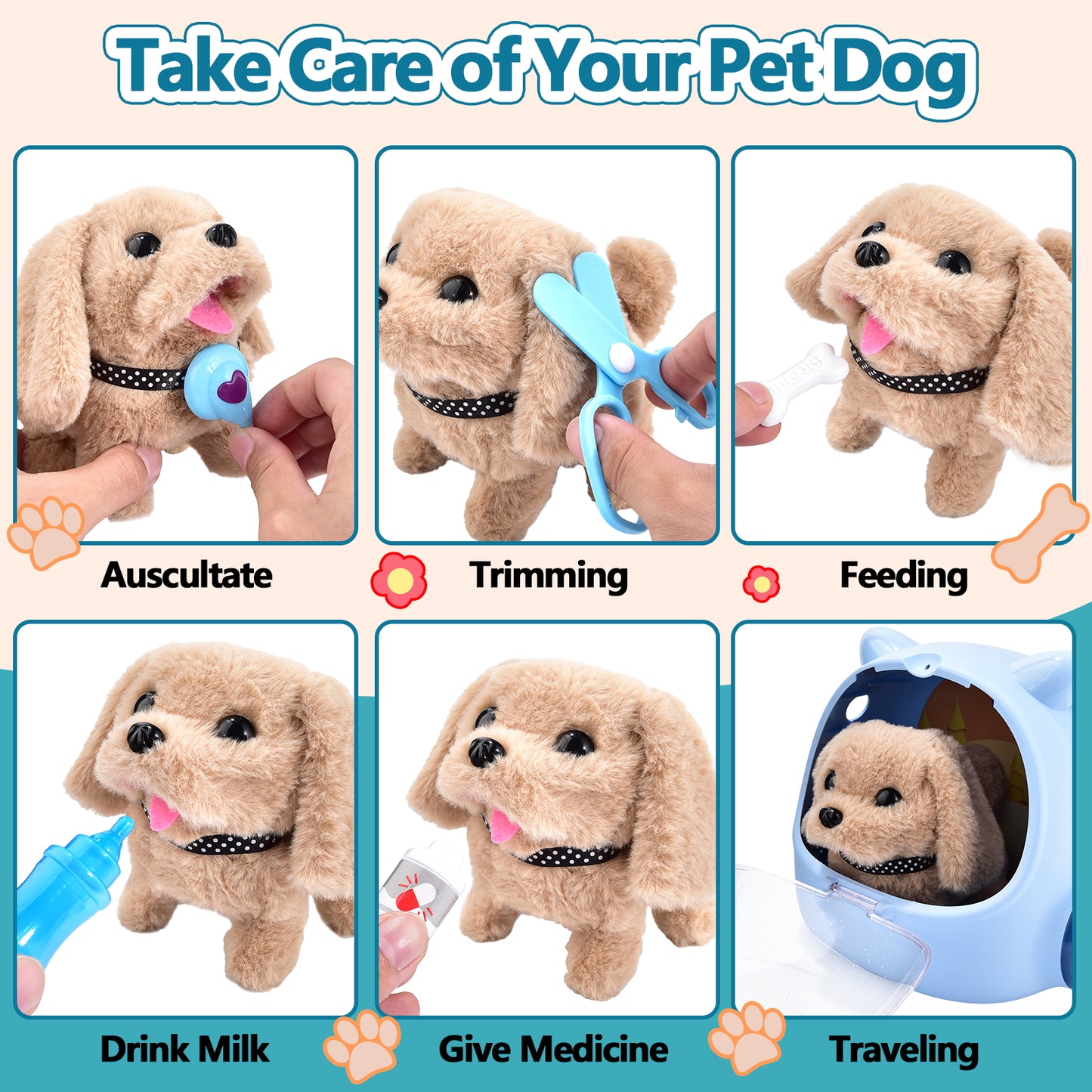 Casrra 25 Piece Kids Dog Toy Doctor Set, Interactive Plush Walking Barking Puppy Veterinarian Kit Carrier Play House Set with Pet Care Backpack - ABS Material Toys