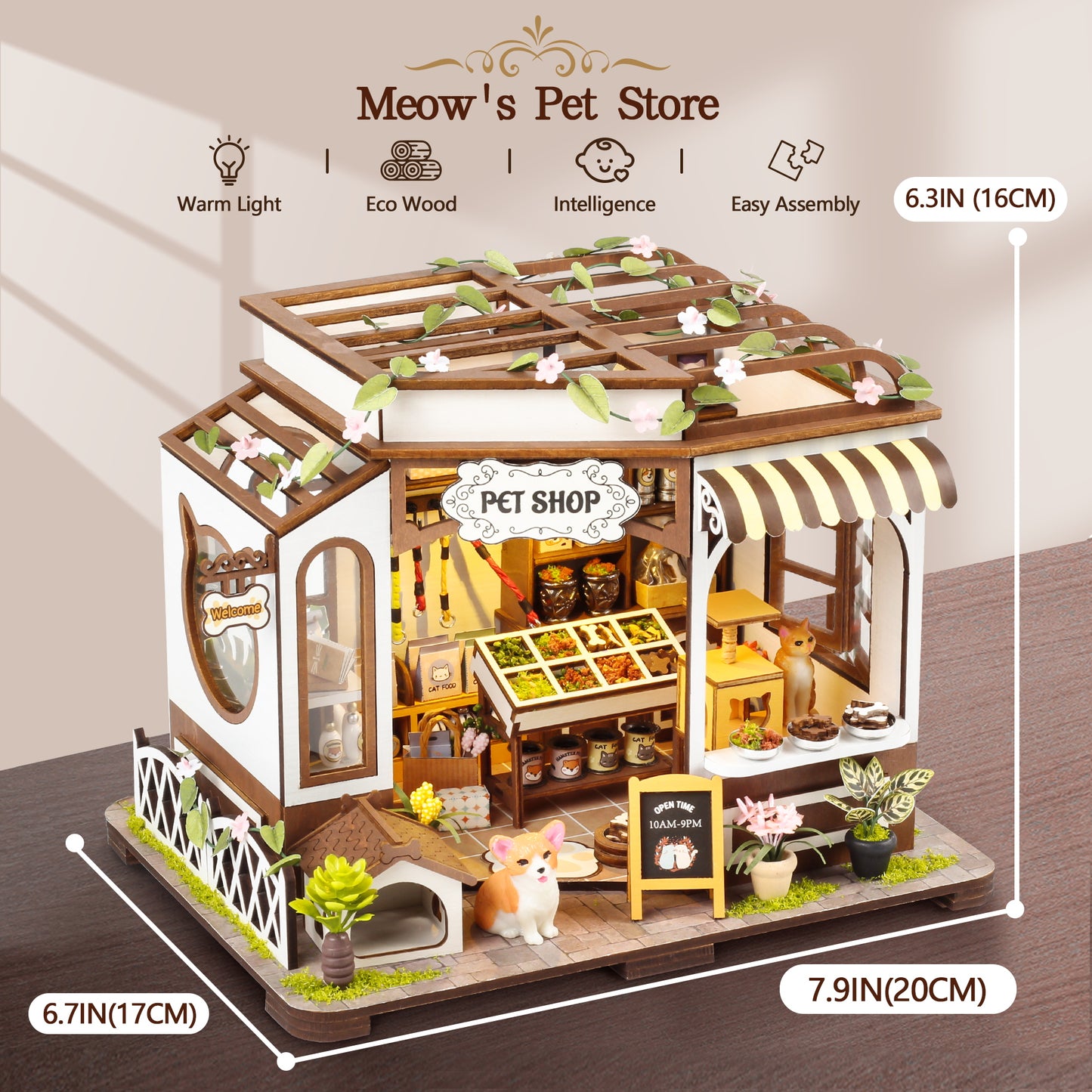 Casrra 3D Wooden Puzzle Mini Pet Shop DIY Miniature House Kit – Tiny Home with Furniture, STEM Craft for Adults & Kids 14+
