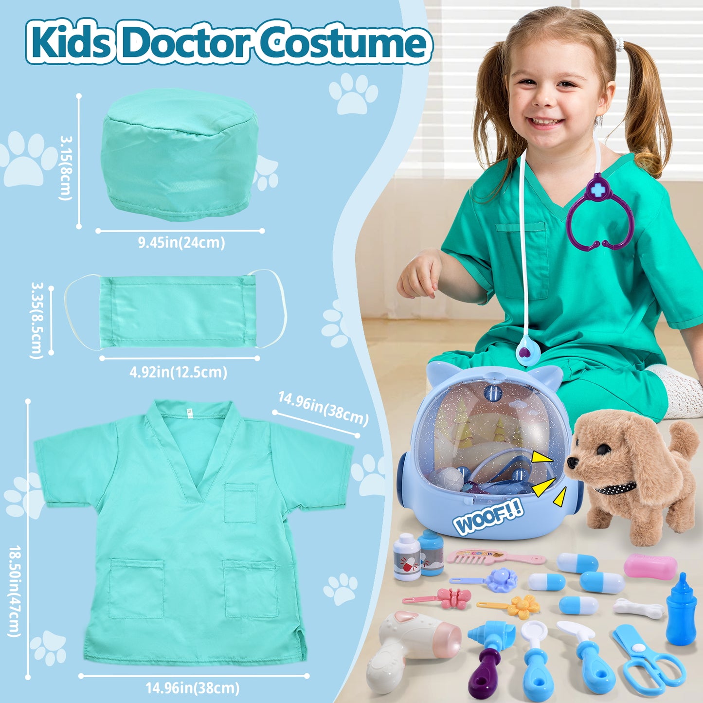 Casrra 25 Piece Kids Dog Toy Doctor Set, Interactive Plush Walking Barking Puppy Veterinarian Kit Carrier Play House Set with Pet Care Backpack - ABS Material Toys
