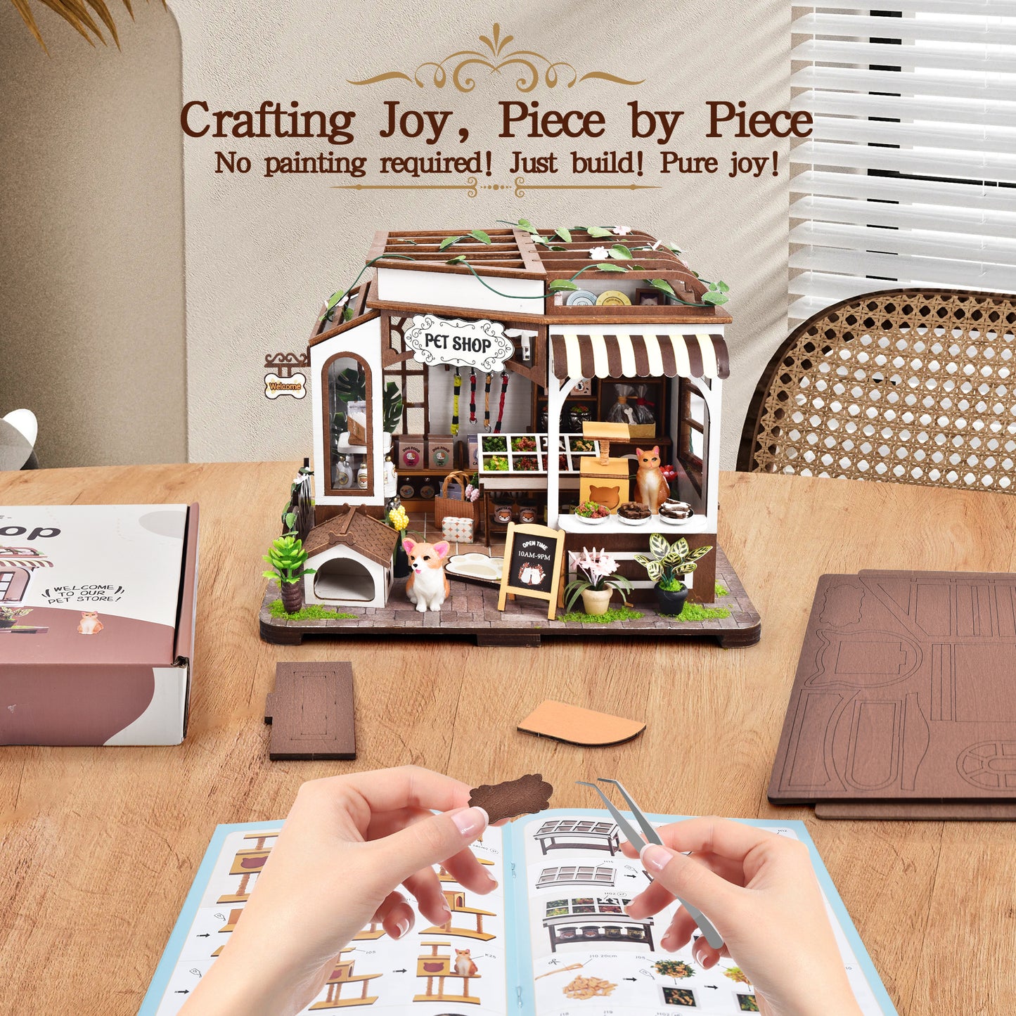 Casrra 3D Wooden Puzzle Mini Pet Shop DIY Miniature House Kit – Tiny Home with Furniture, STEM Craft for Adults & Kids 14+