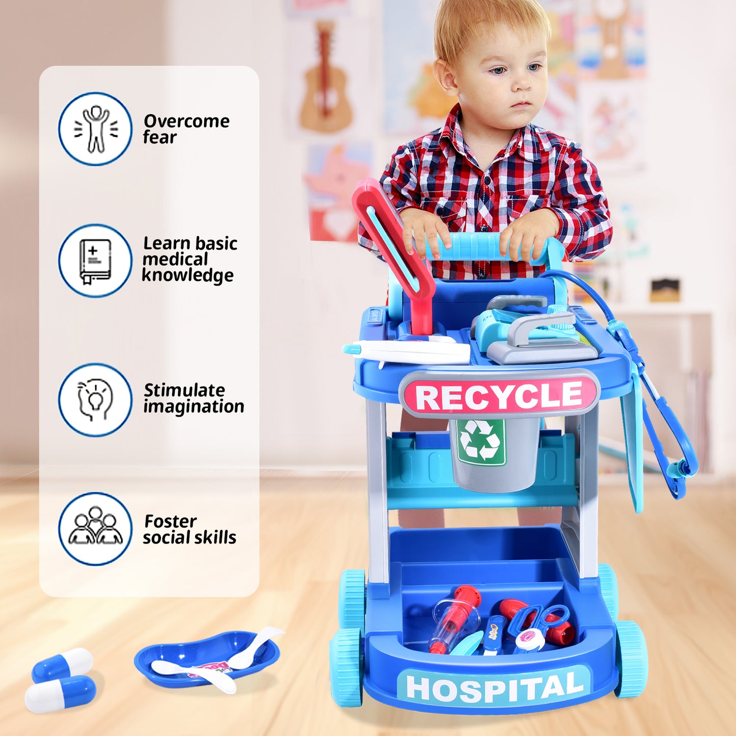 Casrra Kids Doctor Medical Kit for Kids Doctors Set and Dentist Play Set with Cart, Costume, and Stethoscope - Pretend Play Toys for Toddlers 3-5, Doctor Toys Clinic and Playset for Girls and Boys