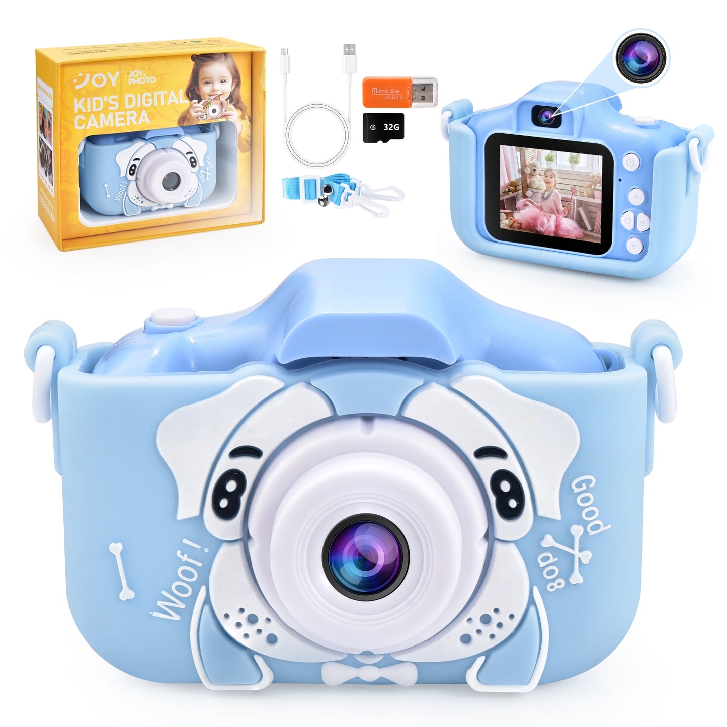 Casrra Blue Puppy-Shaped Kids Camera with 32GB Memory, Dual HD Cameras & Built-in Games for Ages 3-10